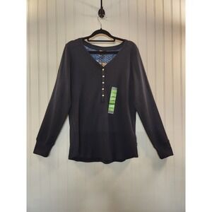 NEW Eddie Bauer Women's Navy Knit 1/2 Button Henley Top Size L Thermal Cozy Soft